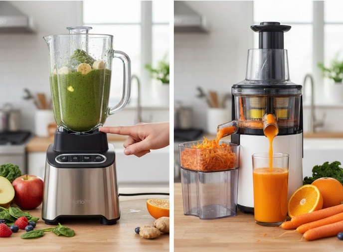 Split-screen in a kitchen: left, a blender making a green smoothie; right, a juicer pouring orange juice with carrot pulp nearby.