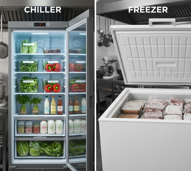 A split-screen comparison image showing an upright commercial chiller stocked with fresh vegetables, bottles, and organized containers on the left, alongside an open chest freezer filled with frozen meats, vacuum-sealed bags, and ice on the right, highlighting the difference in storage temperature and food state.