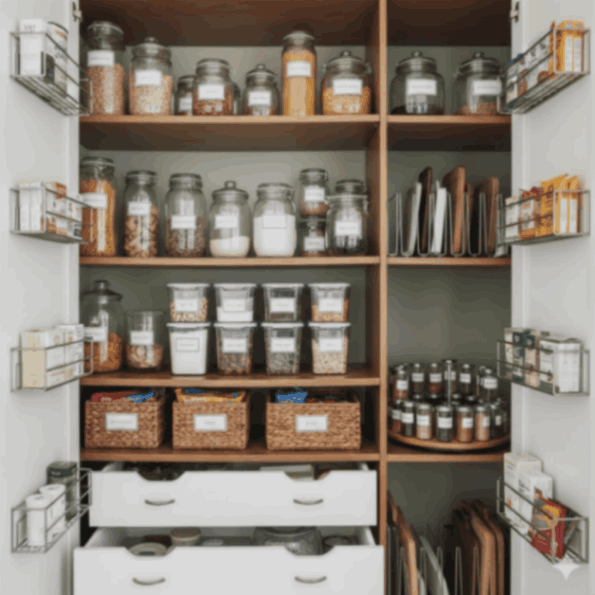 A medium shot of a modern, organized kitchen pantry with labeled glass jars, clear containers, and woven baskets on wooden shelves. The space features a lazy Susan for spices, vertical board dividers, and door racks, all illuminated by bright, clean lighting.