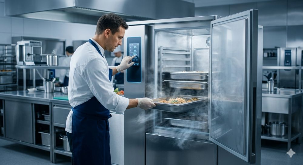 Chef with hot food in commercial blast chiller