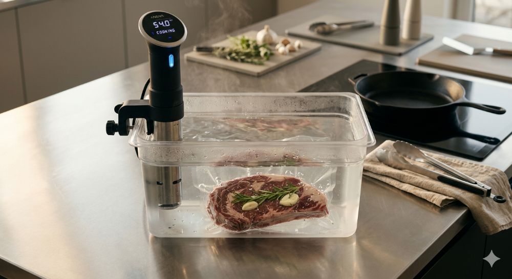 Sous Vide Cooking Ribeye Steak in Precision Cooker Water Bath