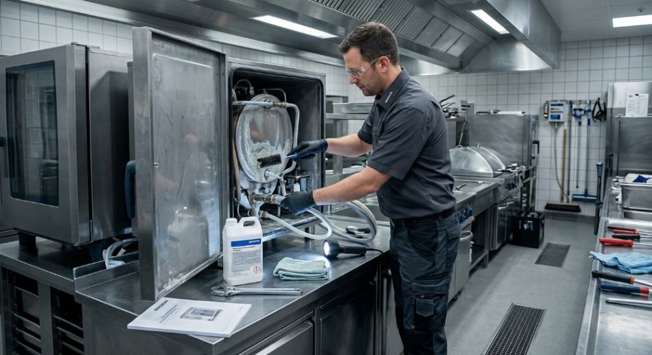 Weekly descaling routine for a boiler-based commercial steamer