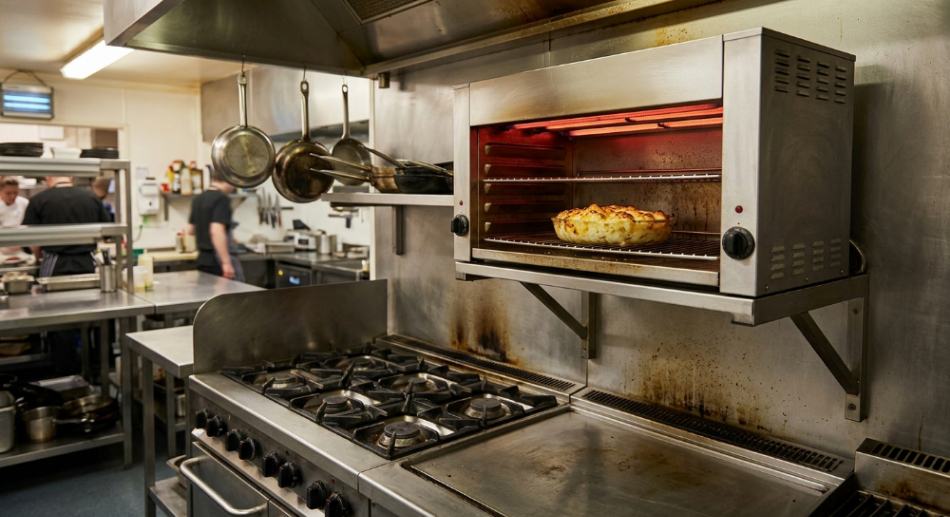 a salamander oven mounted above a restaurant range, with a gratin dish under the heat.