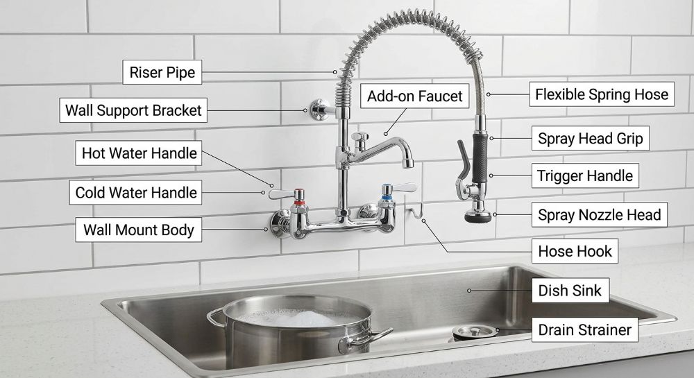 wall-mount pre-rinse faucet over a dish sink, with parts labeled